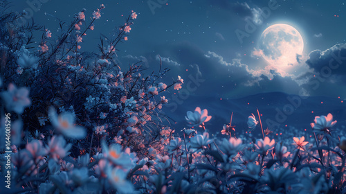 A garden of blooming jasmine under moonlight