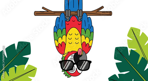Cartoon parrot with sunglasses hanging upside down from a branch on a summer day