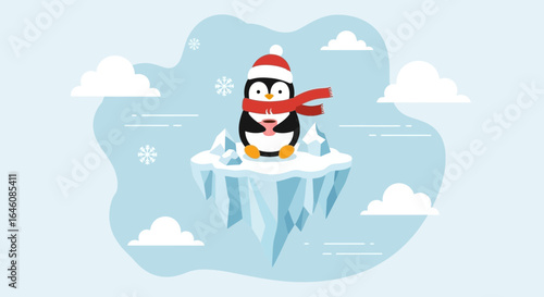 Cartoon Penguin Enjoying Hot Beverage On Floating Iceberg In Winter Scene