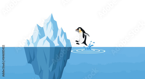 Cartoon penguin jumping from an iceberg in arctic waters creating splashes and ripples