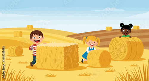 Cheerful cartoon children enjoy a fun-filled day playing with hay bales in countryside
