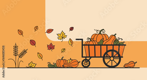Autumn Harvest Scene With Pumpkins In A Cart And Falling Leaves Vector Illustration