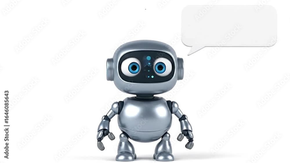 Silver robot with blue eyes stands near an empty speech bubble on a white background Silver robot with blue eyes stands near an empty speech bubble on a white background