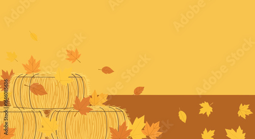 Autumn hay bales with falling leaves create a warm seasonal backdrop illustration