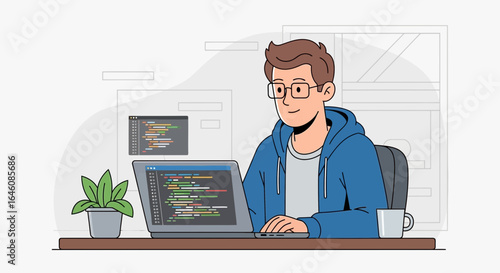 Cartoon programmer working at desk with laptop and coding on the screen illustration