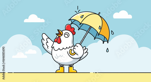 Cheerful Chicken Under Umbrella: A Whimsical Vector Illustration For Sunny Or Rainy Designs