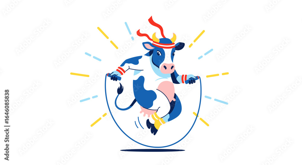 Obraz premium Cheerful Cow Engaged in a Playful Workout with a Vibrant Jumping Rope