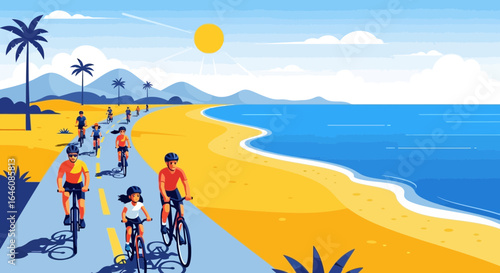 Cheerful Coastal Cycling Adventure Family Riding Bicycles Near Ocean on a Sunny Day