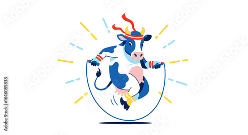 Cheerful Cow Engaged in a Playful Workout with a Vibrant Jumping Rope