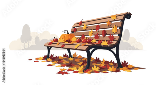 Autumn serenity a park bench adorned with colorful leaves pumpkin and apples in fall season