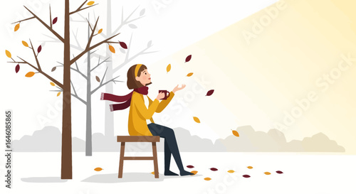 Autumn Serenity: A woman enjoys a peaceful moment with falling leaves and warm drink