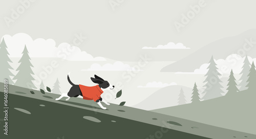 Cheerful dog in a red jacket enjoys a run in a scenic mountain landscape illustration