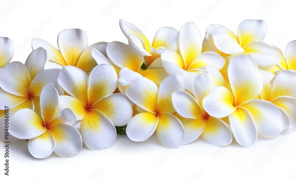 Fototapeta premium Plumeria Blossom Composition Close-up of White and Yellow Flowers, Tropical Floral Arrangement, Spa Background Plumeria, Frangipani