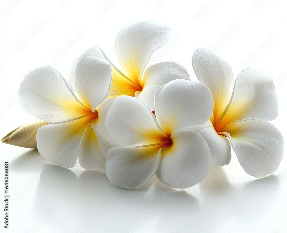 Fototapeta premium Plumeria Trio Close-up, White Flowers, Soft Lighting, Tropical Bloom, Plumeria Alba Plumeria, Tropical Flowers