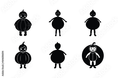 Child dressed as pumpkin silhouette vector illustration black halloween artboard