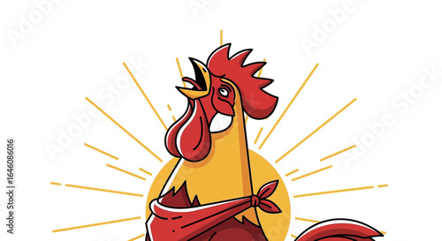 Cartoon rooster crowing with a bandana and a sunburst background illustration