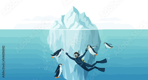 Cartoon Scuba Diver Swimming Underwater with Penguins Near a Large Iceberg