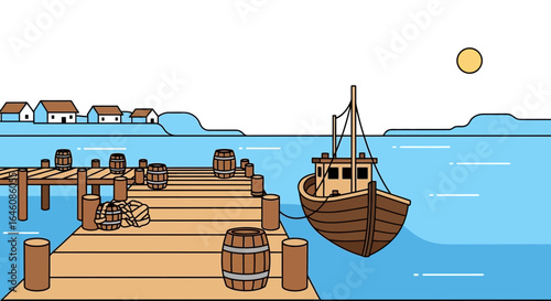 Cartoon Sea Port Scene With Fishing Boat And Wooden Pier On Peaceful Waters