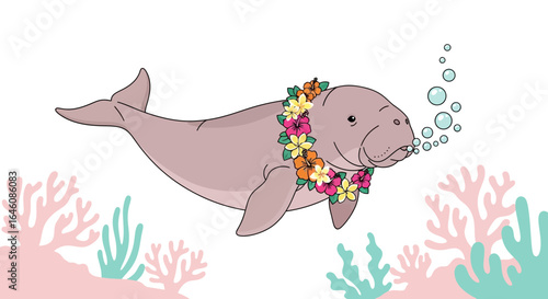 Cheerful dugong with a floral lei swimming in a vibrant coral reef background and bubbles coming out