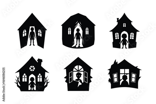 Child in haunted house silhouette vector illustration black halloween artboard
