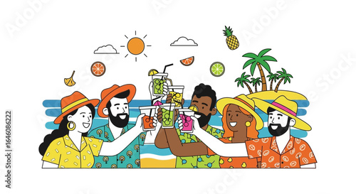 Cheerful group of friends enjoying tropical cocktails on a sunny beach vacation celebration
