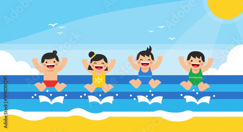 Cheerful kids playing in the ocean on a sunny day enjoying their summer vacation and having fun with the waves under blue skies and sunshine