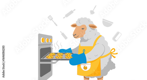 Cartoon sheep baking cookies in an oven with kitchen utensils background vector art illustration for culinary projects