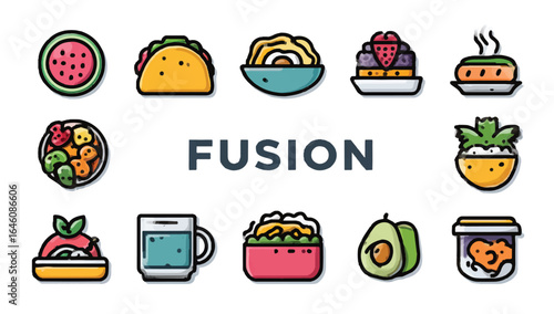 Diverse Food Icons Representing Fusion Cuisine A Colorful Selection of Culinary Dishes and Ingredients from Around the World Vector Illustration