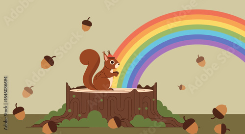 Cartoon Squirrel with a Rainbow Backdrop Surrounded by Acorns on a Stump Illustration