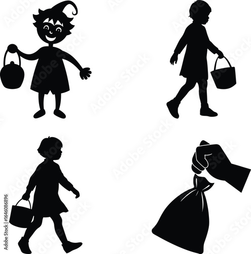 Child with treat bag silhouette vector illustration black halloween artboard