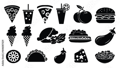 Diverse selection of monochrome food icons depicting fast food desserts and fresh produce suitable for menus and culinary designs