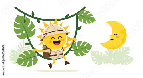 Cartoon Sun Adventurer and Moon Illustration for Children's Storybook or Educational Material