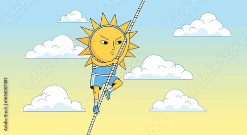 Cartoon sun character climbing a rope in a cloudy sky striving for success and achievement