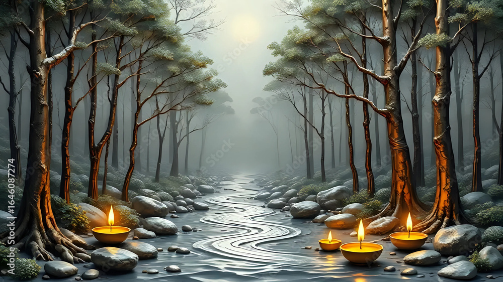 Fototapeta premium Forest in the fog and burning diya 