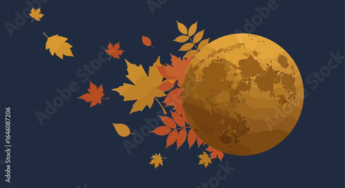 Autumnal Equinox Illustration Featuring a Harvest Moon and Falling Leaves Design