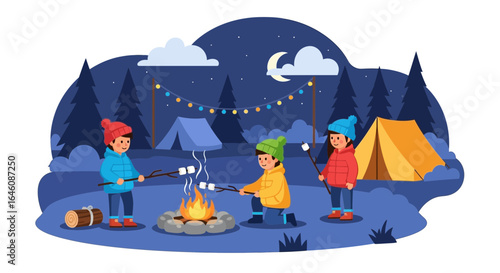 Children enjoy roasting marshmallows around a campfire at night in camping outdoors setting