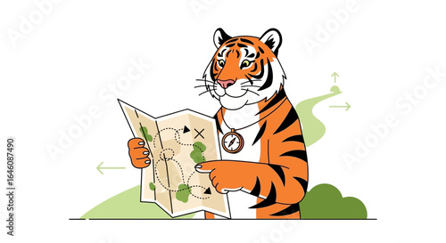 Cartoon tiger using a map to navigate a journey with determination and precision