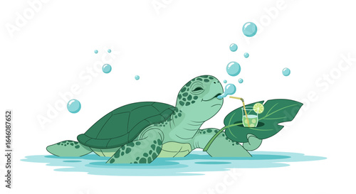 Cartoon turtle enjoying a refreshing drink under the sea with bubbles around it