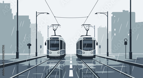 Cityscape illustration with trams on wet rails during a rainy day creating a gray urban scene