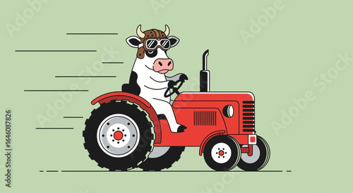 Cartoon vector illustration of a cow driving a red tractor at high speed with helmet