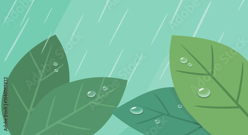 Cartoon vector illustration of rainy day with leaves and raindrops beautiful art