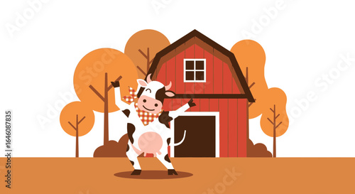 Cartoon vector illustration of a happy cow with a red barn background and trees