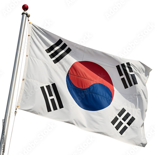 South korean national flag waving on a pole, isolated on transparent background