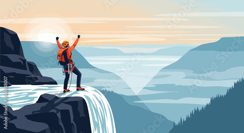 Climber Achieving Summit Success Against Peaceful Mountain Landscape