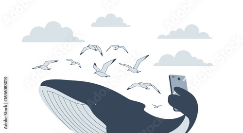 Cartoon whale taking a selfie with seagulls in the sky on a mobile phone vector illustration showing marine life and modern technology