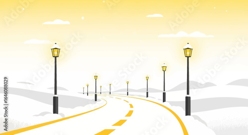 Cartoon winter landscape with a snowy road and glowing street lights illuminating the path offering a sense of serenity and quiet beauty