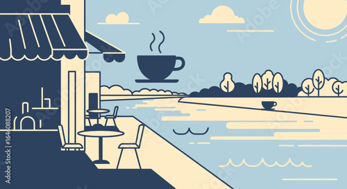 Coastal Cafe With Ocean Views And Coffee Minimalist Landscape Graphic