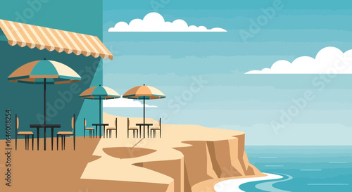 Coastal Cafe With Ocean View And Blue Sky In Modern Flat Design Style