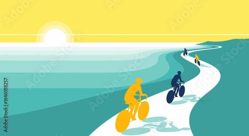 Coastal Cycling Adventure: A Scenic Ride at Sunrise with Vibrant Colors and Silhouettes