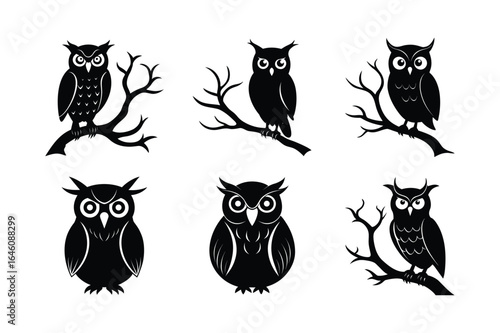 Owl on branch silhouette vector illustration black halloween artboard